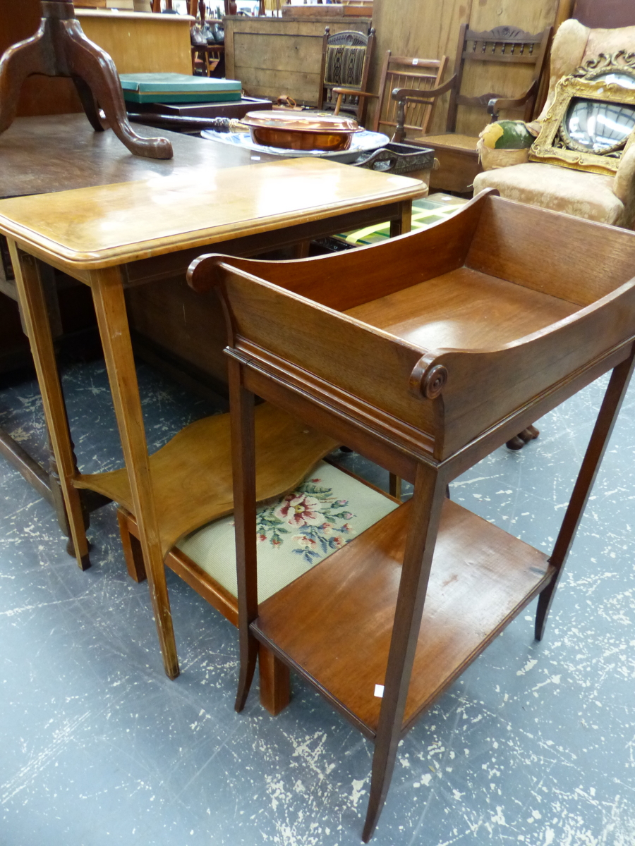 A NEST OF THREE WINE TABLES A TWO TIER TABLE, A FOOTSTOOL AND A MAHOGANY TRICOTEUSE TWO TIER TABLE