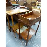 A NEST OF THREE WINE TABLES A TWO TIER TABLE, A FOOTSTOOL AND A MAHOGANY TRICOTEUSE TWO TIER TABLE