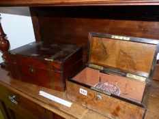 A WALNUT VICTORIAN TEA CADDY BY FISHER, TOGETHER WITH A WRITING SLOPE.