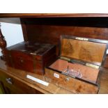 A WALNUT VICTORIAN TEA CADDY BY FISHER, TOGETHER WITH A WRITING SLOPE.