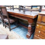 A MAHOGANY REFECTORY TABLE SUPPORTED ON BALUSTER LEGS WITH BUN FEET. W 202 x D 91 x H 77cms.