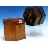 A MAHOGANY CASED CONCERTINA, THE HEXAGONAL ENDS TO THE LEATHER BELLOWS IN ROSEWOOD. W 16cms.