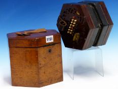 A MAHOGANY CASED CONCERTINA, THE HEXAGONAL ENDS TO THE LEATHER BELLOWS IN ROSEWOOD. W 16cms.