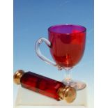 A 19th C. RUBY GLASS DOUBLE ENDED SCENT AND VINAIGRETTE TOGETHER WITH A CRANBERRY BOWL CUSTARD