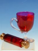 A 19th C. RUBY GLASS DOUBLE ENDED SCENT AND VINAIGRETTE TOGETHER WITH A CRANBERRY BOWL CUSTARD