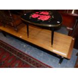 A G PLAN LIBRENZA TEAK COFFEE TABLE. W 168 x D 49 x H 30cms. TOGETHER WITH A BLACK GLASS TOPPED