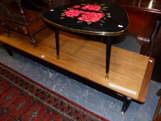 A G PLAN LIBRENZA TEAK COFFEE TABLE. W 168 x D 49 x H 30cms. TOGETHER WITH A BLACK GLASS TOPPED