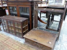 A SATIN WOOD BANDED GLAZED MAHOGANY DISPLAY CABINET TOP, A GLAZED OAK TWO DOOR TABLE TOP CABINET, AN