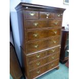 AN GEORGIAN AND LATER ANTIQUE HERRING BONE CROSS BANDED WALNUT CHEST ON CHEST, THE THREE DRAWERS