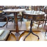 A MAHOGANY DRUM TOP TABLE WITH THREE DRAWERS, THE BALUSTER COLUMN ON HUSK CARVED TRIPOD, TOGETHER