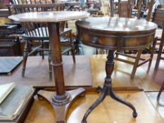 A MAHOGANY DRUM TOP TABLE WITH THREE DRAWERS, THE BALUSTER COLUMN ON HUSK CARVED TRIPOD, TOGETHER