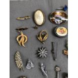 A VINTAGE LADIES POCKET WATCH, COSTUME BROOCHES, A LOOSE SHELL CAMEO, ETC.