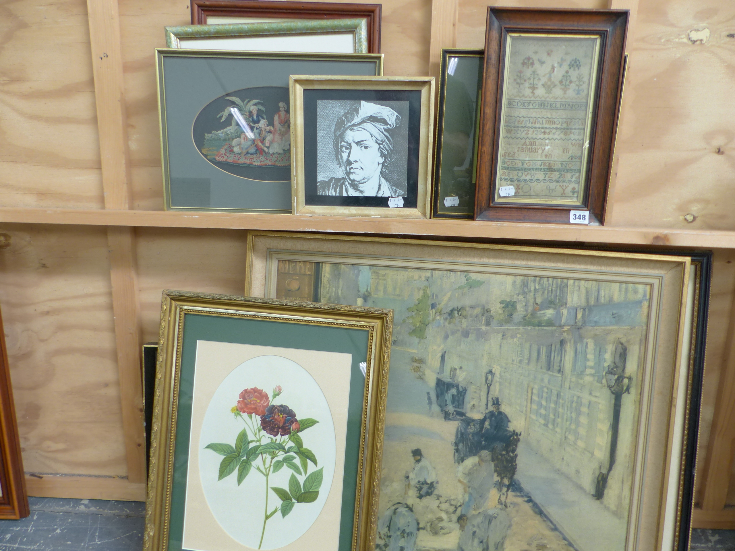 AN ALPHABET SAMPLER DATED 1833 TOGETHER WITH AN OVAL NEEDLEPOINT PICTURE AND VARIOUS FURNISHING