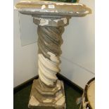 A PLASTER SPIRAL COLUMN WITH NEAR SQUARE TOP AND FOOT ONE PAINTED GREY. W 41 x D 39 x H 89cms.