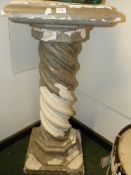 A PLASTER SPIRAL COLUMN WITH NEAR SQUARE TOP AND FOOT ONE PAINTED GREY. W 41 x D 39 x H 89cms.