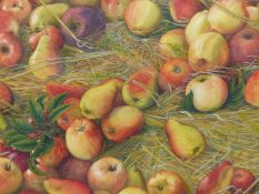 •JOAN LAWRENCE (20th CENTURY SCHOOL). ARR. GALA APPLES AND PACKHAM PEARS, SIGNED WATERCOLOUR, 50 x