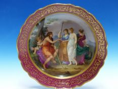 A DECORATED MEISSEN DISH PAINTED WITH THE JUDGEMENT OF PARIS WITHIN A CLARET RIM BAND