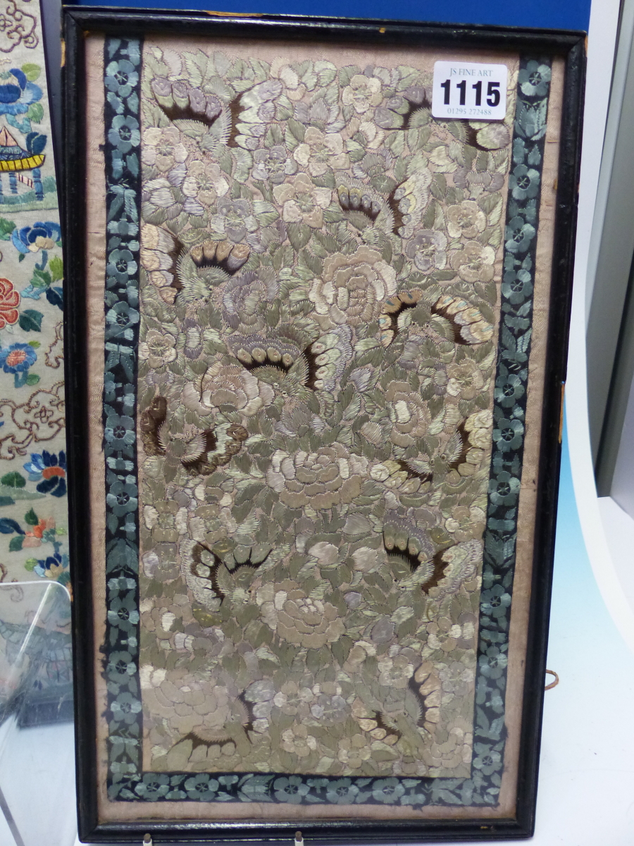 THREE CHINESE SLEEVE PANELS VARIOUSLY SILK EMBROIDERED WITH FLOWERS, BUTTERFLIES, PAVILIONS AND - Image 13 of 18
