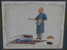 TWO GILT FRAMED CHINESE WATERCOLOURS, ONE OF A MAN SEATED AT A TABLE WRITING, THE OTHER OF A MAN
