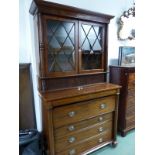 A 19th C. MAHOGANY SECRETAIRE DISPLAY CABINET, THE ASTRAGAL GLAZED DOORS ABOVE A SLATTED TAMBOUR