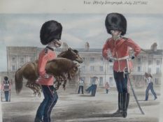 AN ANTIQUE COLOUR COMIC PRINT RELATING TO THE SCOTS GUARDS PUBLISHED BY REYNOLDS AND CO. 32.5 x 33