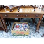 A VICTORIAN MAHOGANY WASHSTAND, WITH TWO DRAWERS ABOVE CYLINDRICAL LEGS TAPERING TO SPINDLE FEET