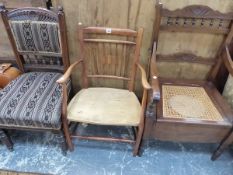 A CANE SEATED COMMODE ELBOW CHAIR WITH WHITE CERAMIC FITTINGS, ANOTHER ELBOW CHAIR AND A MAHOGANY