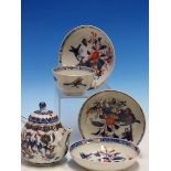A CHINESE IMARI LOBED TEA POT AND COVER PAINTED WITH FLOWERS TOGETHER WITH A TEA BOWL AND THREE