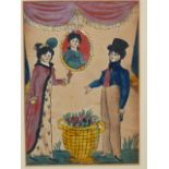 EARLY 19th C. NAIVE SCHOOL. A PAIR OF PORTRAITS OF COURTING COUPLES. WATERCOLOUR 17 x 12cm