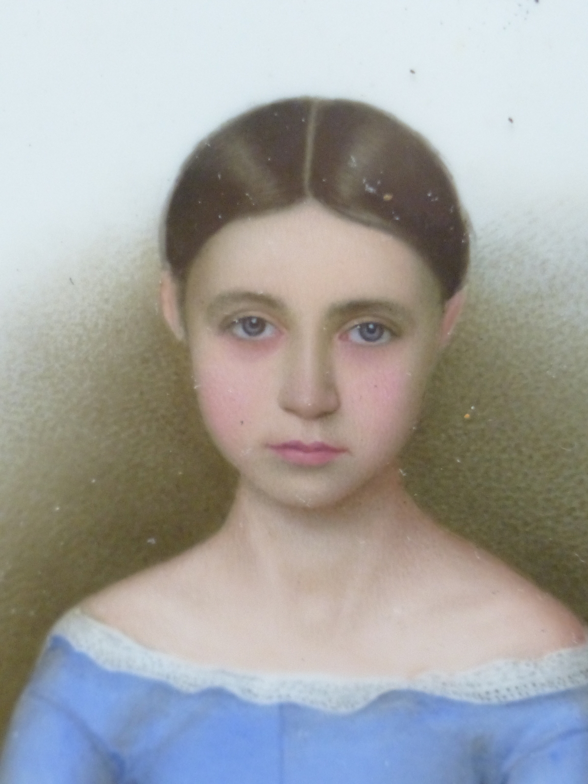 A GILT FRAMED PORTRAIT OF A DARK HAIRED GIRL ON MILK GLASS, SIGNED S CHESTERS 1848, SHE SITS BY A - Image 3 of 10