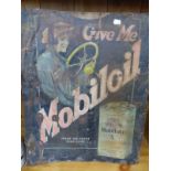 A VINTAGE MOBIL OIL ADVERTISING SIGN AND A ENAMEL JUG.