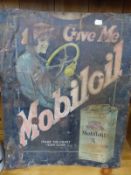 A VINTAGE MOBIL OIL ADVERTISING SIGN AND A ENAMEL JUG.