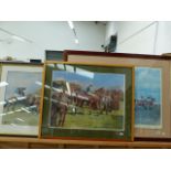 TWO COLOUR PRINTS OF HORSE RACING SUBJECTS AFTER MUNNINGS, TOGETHER WITH ANOTHER BY A DIFFERENT HA