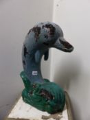 A PAINTED CARVED WOOD FIGURE OF A DOLPHIN LEAPING FROM WATER. H 53cms.