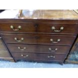 A GEORGIAN CROSS BANDED MAHOGANY CHEST OF FOUR GRADED DRAWERS ON BRACKET FEET. W 93 x D 51 x H 91cms