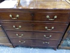 A GEORGIAN CROSS BANDED MAHOGANY CHEST OF FOUR GRADED DRAWERS ON BRACKET FEET. W 93 x D 51 x H 91cms