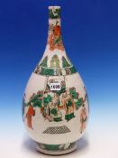 A CHINESE FAMILLE VERTE BOTTLE VASE PAINTED WITH A SCENE OF FIGURES ON A TERRACE GATHERED ABOUT AN