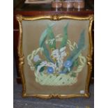 19th CENTURY SCHOOL. A BASKET OF FLOWERS, WATERCOLOUR. SHAPED CARVED GILTWOOD FRAME. IMAGE 66 x