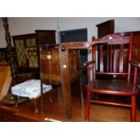 A CHILDS ELBOW CHAIR, COPPER BOUND OAK PLANTER, FOOTSTOOL, STANDARD LAMP AND A PINE CORNER CUPBOARD