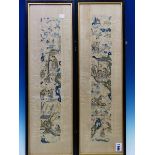 A PAIR OF CHINESE CREAM SILK SLEEVE PANELS EMBROIDERED WITH LADIES AND CHILDREN IN AND ABOUT
