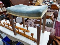 A LIMED OAK CORONATION STOOL WITH THE BLUE VELVET SEAT