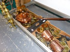 A BRASS COAL BOX, TWO BED WARMERS , VARIOUS ANTIQUE AND OTHER BRASSWARES ETC.