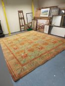 AN ANTIQUE HAND KNOTTED ARTS AND CRAFTS CARPET, PROBABLY IRISH. 397 x 346cm