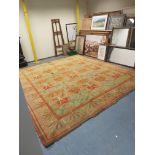 AN ANTIQUE HAND KNOTTED ARTS AND CRAFTS CARPET, PROBABLY IRISH. 397 x 346cm