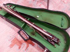 A COLLECTION OF EIGHT VARIOUS VIOLIN BOWS WITH A LEATHERETTE COVERED VIOLIN CASE.