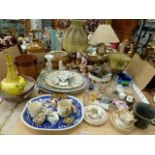 ANTIQUE AND LATER CHINAWARES TO INCLUDE MEAT PLATTERS, GLASS INK WELL, BLUE GLASS LINERS,