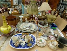 ANTIQUE AND LATER CHINAWARES TO INCLUDE MEAT PLATTERS, GLASS INK WELL, BLUE GLASS LINERS,