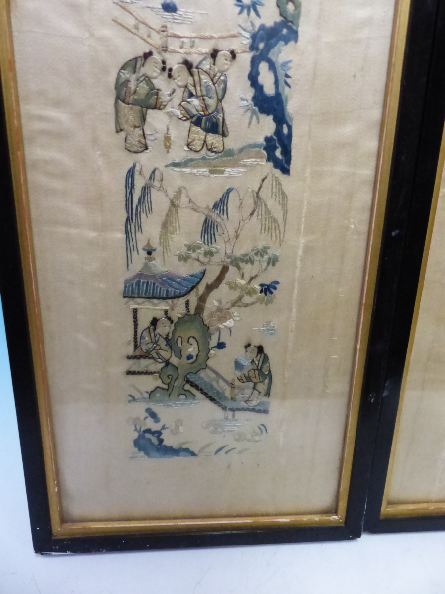 A PAIR OF CHINESE CREAM SILK SLEEVE PANELS EMBROIDERED WITH LADIES AND CHILDREN IN AND ABOUT - Image 5 of 24
