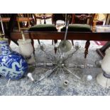A RETRO CUT BACCARAT GLASS AND CHROME CHANDELIERA PAIR OF PAINTED WOOD TABLE LAMPS, AN ORIENTAL