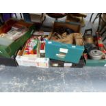 FIVE BOXES OF VARIOUS COLLECTABLES, TO INCLUDE A VINTAGE KYL FYRE FIRE EXTINGUISHER, VINTAGE